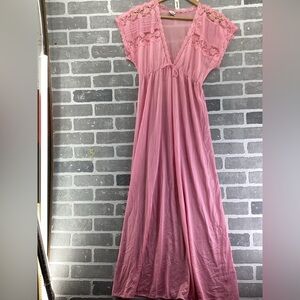 Vintage Jill Andrea NY Nightgown  Pink Empire Waist Lace Trim Full Length USA L